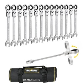 Enventor - Juego de 14 llaves de carraca métricas de 6-19 mm, cabeza flexible de 180°, acero CR-V, 72 dientes, juego de llaves de carraca combinadas de 12 puntos con bolsa enrollable