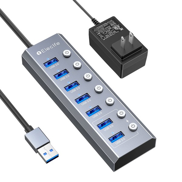 Elecife USB Hub 3.0 Hub 7 Port 2023 Upgraded 5Gbps High Speed USB Expansion Compact Self-Powered/Bus-Powered with Independent Switch 5V/3A AC Adapter with Power Supply Aluminum Space Gray