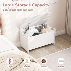 Costzon Kids Toy Box with Safety Hinge, Wooden Storage Chest for Children, Kids Storage Box w/Handles, Flip-Top Storage Organizer for Girls Boys, Toys Bench Box for Kids Room Playroom Bedroom (White)