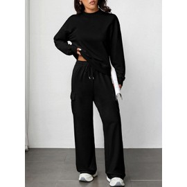 Aleumdr Women 2 Piece Outfits Mock Neck Pullover Tops Wide Leg Sweatpants with Cargo Pockets Airport Travel Outfits 2025 Black X-Large
