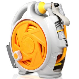 Wofeili Garden Retractable Hose Reel, Portable Simple Home Hose Reel 45+5 FT with 7 Patterns Spray Nozzle, Wall Mounted and Any Length Lock for Garden Watering, Car Washing, Pet (Orange)