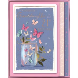 Granddaughter 21st Birthday Large Boxed Card - Age 21 - Special Finishes - Butterfly Jar Design - Embellishments and Illustrated Insert Leaf - Made in the UK