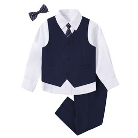 Conjunto de chaleco y pantalones de esmoquin para niños con corbata de camisa y corbatín formal, Camisa azul marino-blanca, 2