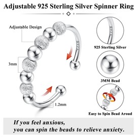 Kakonia 925 Sterling Silver Anxiety Rings for Women Adjustable Open Bead Rings Fidget Spinner Rings Thumb Rings Stress Reliever Rings with Rotatable Beads for Women Girls Jewellery Gifts