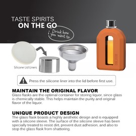 Delove Modern Glass Hip Flask with Silicone Sleeve- Small Portable Travel Liquor Flask- Clear Pocket Drinking Alcohol Flask for Men- Wedding Party, Groomsman, Gift- 7.5oz/220ml,Brown