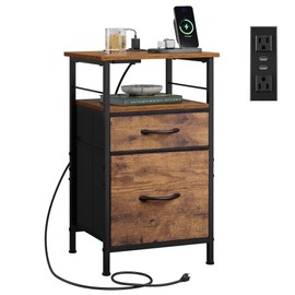WLIVE Nightstand with Charging Station, End Table with 2 Fabric Drawers for Storage, Small Bedroom Dresser, Bed Side Table, 2 USB Ports and 2 Outlets, Easy Assembly, Rustic Brown