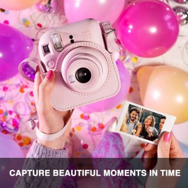 CAIYOULE Protective Camera Case for Instax Mini 12 Instant Camera for Fuji Mini 12 Case PU Leather Carrying Bag with Adjustable Shoulder Strap & 64 Pockets Photo Album - Blossom Pink