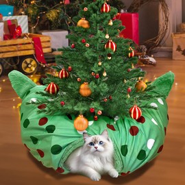 CORALMEE Christmas Cat Tunnel Bed with Tree Skirt, Cat Bed with Ball and White Ears, Green Red White Dot Peekaboo Cat Cave Donut Tunnel Interactive Pet Toy for Indoor Cats Small Animals Xmas Gift