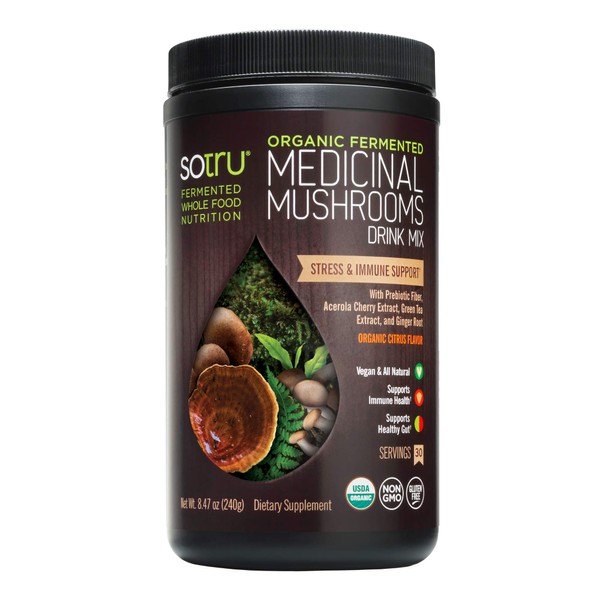 SoTru Medicinal Mushrooms Drink Mix, Citrus Flavor - 8.47 oz. - Cordyceps, Reishi, Agaricus blazei, Shiitake, Maitake & Turkey Tail - Certified Organic, Non-GMO, Vegan, Gluten Free - 30 Servings