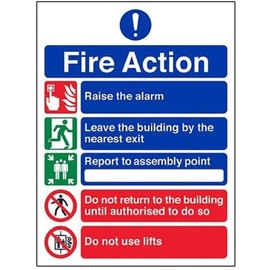 V Safety 5 Message Fire Action Notice Sign - 150mm x 200mm - 1mm Rigid Plastic