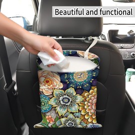 AUEKLLW Car Trash Can, Hanging Garbage Bin for Men and Women, Cute Car Organizer and Storage Bag, Canvas Vehicle Trash Can Bag Easy-to-Install Boho Colorful Floral