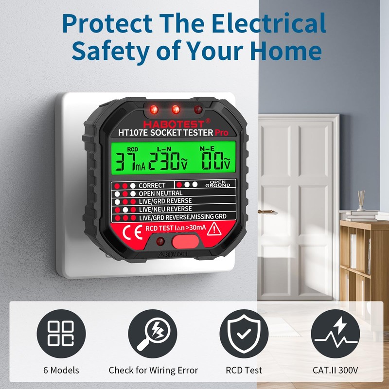 Socket Tester RCD Plug Outlet Tester, Electrical Receptacle Detector with