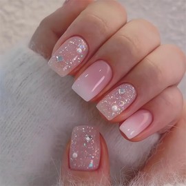 24Pcs Press on Nails Glitter Short Square Shaped Fake Nails Ombre Full Cover False Nails with Design Acrylic Nails Press Ons Glossy Pink Reusable Stick on Nails for Women