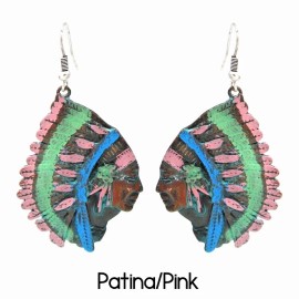 No.3 Patina Copper Indian Princess Headdress Feathers Earring Wire Dangle Native