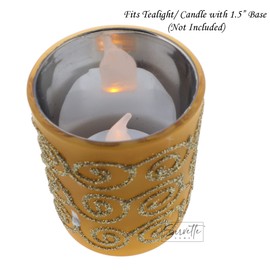 Glass Votive Candle Holders Holiday Decorative with Glitter Swirls - Set of 2 (Gold)