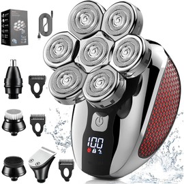 Afeitadora Cabeza para Hombre 7D, WTDD 6 en 1 Afeitadora Eléctrica Impermeable, Máquina de Afeitar Uso en Húmedo y Seco USB Recargable con Pantalla LED, Recortadora Barba Multifuncional para Barba, Nariz, Cabello