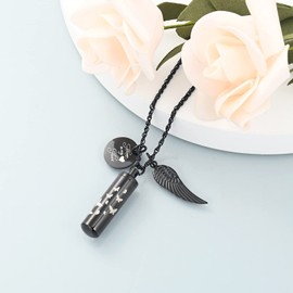 shajwo Cylinder Urn Ashes Necklace for Women Men Butterfly Cremation Jewelry Ash Loved One Memorial Angel Wing Pendant,Black