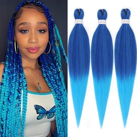 Blue Braiding Hair 26 Inch Pre stretched Braiding Hair Extensions Yaki Braids Hair Hot Water Setting Synthetic Braiding Hair Pre stretched Crochet Hair(26 Inch,3 Packs,Dark Blue/Light Blue#)