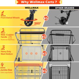 Wellmax Folding Grocery Cart with Wheels, Heavy Duty Metal Utility Cart with Mesh Bottom, Extra Rear Basket, 160 lb Capacity, Dual Swivel Wheels, Foldable Trolley for Groceries & Laundry