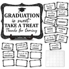 20PCS Candy Buffet Labels, 1 Black Glitter Graduation Table Sign With Stand, Catering Supplies Display for Class of 2025 Decorations -A02