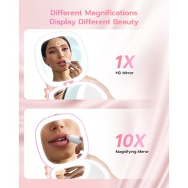 Benbilry Espejo de maquillaje compacto recargable de 3.9 pulgadas con 3 colores de luz y aumento 1 / 10 X, tira de doble luz regulable, espejo de maquillaje de viaje, mini cartera, espejo LED compacto, color rosa