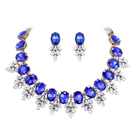 EVER FAITH Costume Crystal Art Deco Sparkly Ethnic Style Chunky Statement Jewelry Set, Vintage Oval Rhinestone Choker Pendant Necklace Earrings Set for Women Blue Antiqued Gold-Tone