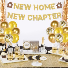 Gold New Home New Chapter Banner Housewarming Party Decorations Our First Home Banner Gold Confetti Latex Balloons for Sweet Home Welcome Home Party Supplies