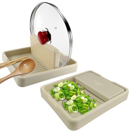 LVYKING 2 Pcs Spoon Rest with Pot Lid Holder For Stove Top, Countertop Accessory for Cooking Utensils and Lid Organizer, Multifunctional Foldable Storage Rack, White