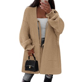 COCCKO Womens Chunky Ruffle Sleeve Cardigan with Pockets Open Front Cute Loose Bow Tie Up Cardigans for Women Camel M