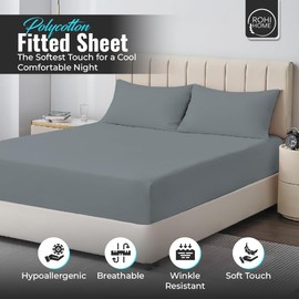 Rohi® Double Fitted Sheet with Two Pillowcases – 25cm Depth – Pure Polycotton Plain Bedding (Double Fitted Sheet & Pillowcases, Grey)