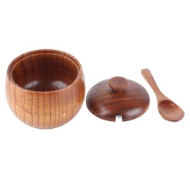 1Pc Solid Wood Spice Jar Seasoning Pot Sugar Bowl with Spoon and Lid for Kitchen Tool