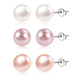 3 Pairs Pearl Earrings, 925 Sterling Silver Pearl Stud Earrings for Women Girls, Freshwater Cultured Pearl Studs With Hypoallergenic Sterling Sliver Butterfly Earring Backs (White/Pink/Purple)