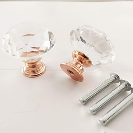 30mm Crystal Glass Door Knobs Diamond Cut Drawer Pull Handles with M4*22mm Screws for Cupboard Cabinet Wardrobe Home Decorating Rose Gold Base Transparent