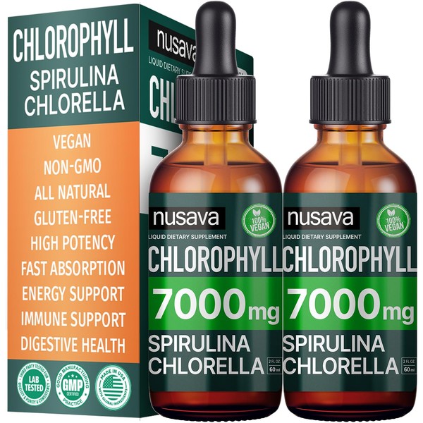 (2 Pack) Vegan Chlorophyll Liquid Drops 7000mg for Immune Support, Energy, Gut & Skin Health, 4-in-1 Liquid Chlorophyll Drops - 100mg, Spirulina, Chlorella, & Copper - Internal Deodorant, 4 Fl Oz