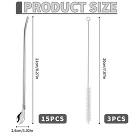 HAYGEM Pack of 15 Dual Purpose Straws Stainless Steel with Spoon, Latte Macchiato Spoon with Cleaning Brush, Reusable Straw Spoon, for Sucking and Stirring Juices, Drinks, Coffee