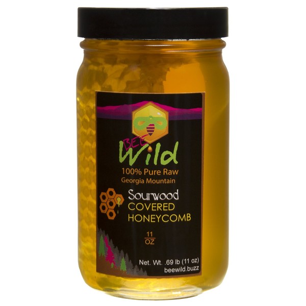 Bee Wild Sourwood Honey Covered Honeycomb 11 Ounce glass Jar | Pure Raw Unpasteurized Honey From Georgia | Contains Natural Healing Properties for Sore Throats & Immunity