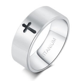 Cross Rings for Men, Premium Pure Titanium Rings for Men Lord Jesus Christian 8MM Silver Mens Wedding Ring Comfort Fit Matte Size 6-13 (7)