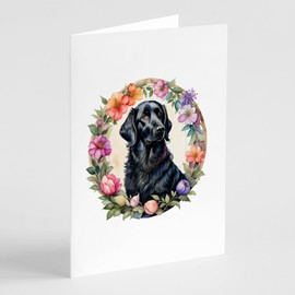 Caroline's Treasures Flat-Coated Retriever and Flowers Greeting Cards and Envelopes Pack of 8 Blank Cards with Envelopes Whimsical A7 Size 5x7 Blank Greeting Cards