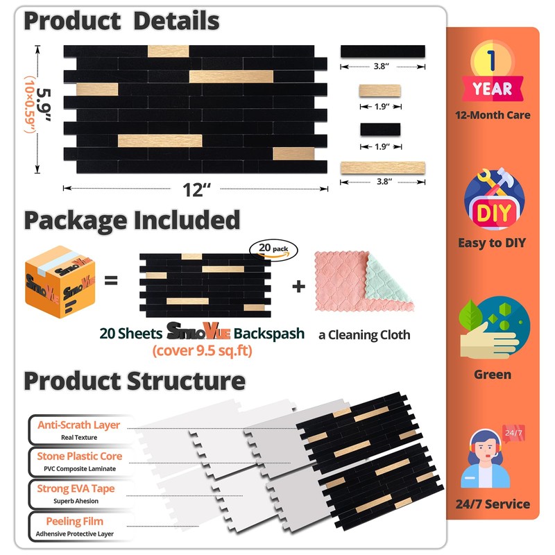 StyloVue 20 Sheets Peel and Stick Tile Backsplash, Black with