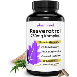 60 Resveratrol Capsules with 750 mg Resveratrol High Dose + 300 mg Natural Silicon + 100 mg Hyaluronic (in 2 Capsules) - 10 Matching Ingredients - Vegan Resveratrol Complex plantomol®