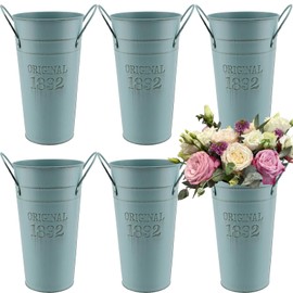 MOUYAT 6 Pack 8 Inch Vintage Metal Galvanized Flower Vase, Tall Galvanized Metal Planter Bucket with Handles, Farmhouse French Bucket for Centerpiece Wedding Decor, Floral Arrangements, Blue
