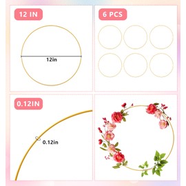 12 Inch 6 Pack Metal Floral Hoop Centerpiece, Gold Metal Rings Hoops for Party Dream Catcher Wedding Table Wreath Decor, Wall Hanging Wreaths