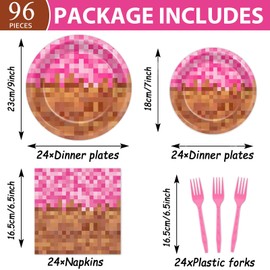 96Pcs Pink Pixel Paper Plates and Napkins Pixel Girl Birthday Party Decorations Video Game Disposable Dessert Plates Mining Gaming Tableware Set Serves 24 Guests Girls Kids Teenager Birthday Supplies