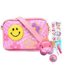 Hot Focus Crossbody Bag for Girls Purse with Removable Strap and Chain - Small One Shoulder Messenger Bag for Kids – Pink with Smiley Face and Flowers