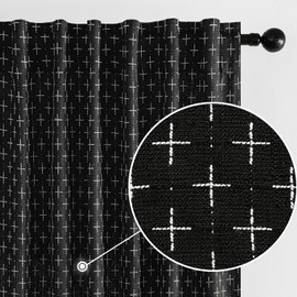 MIULEE Decorative Back Tab Linen Curtains with Geometric Pattern for Living Room Bedroom Farmhouse Rustic Thick Woven Textured Patterned Mudcloth Drapes 84 Inches Long 2 Panels Set, Black