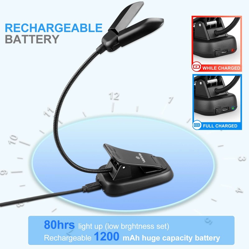 Vekkia 14 LED Rechargeable Book-Light with Clamp for Reading at
