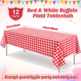 12 Pack Red and White Plastic Checkered Tablecloth, Premium Decorative Disposable Red Gingham Plaid Table Cloths for Parties, Rectangle Party Table Cover for Picnic Farm Birthday Wedding, 54x108 Inch