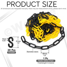 Wokape 1Pcs 5M x 6mm/ 16.5 Ft x 0.23 Inch Yellow-Black Plastic Chain, Safety Chain Barrier with 20 Connector Hooks for Crowd Control Traffic Control Parking Space Management