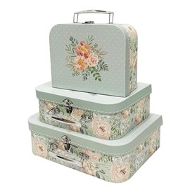 Emartbuy Set of 3 Rigid Luxury Presentation Suitcase Storage Gift Box, Pastel Green Flower Bouquet, White Interior with Metal Handle and Clasp