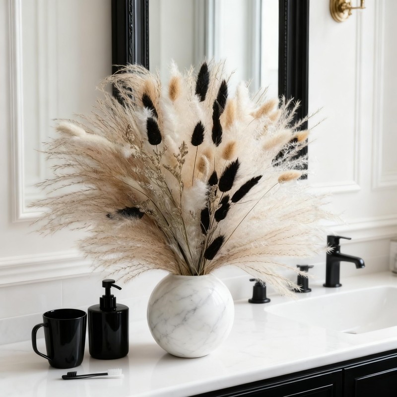 Black Bunny Tails Bouquet 60Pcs with Ivory Pampas Grass 17"